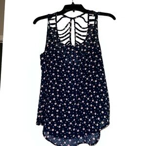 Navy Blue See Through Ribbed Back Tank Top with White & Pink Flowers 🌸💙 Size M